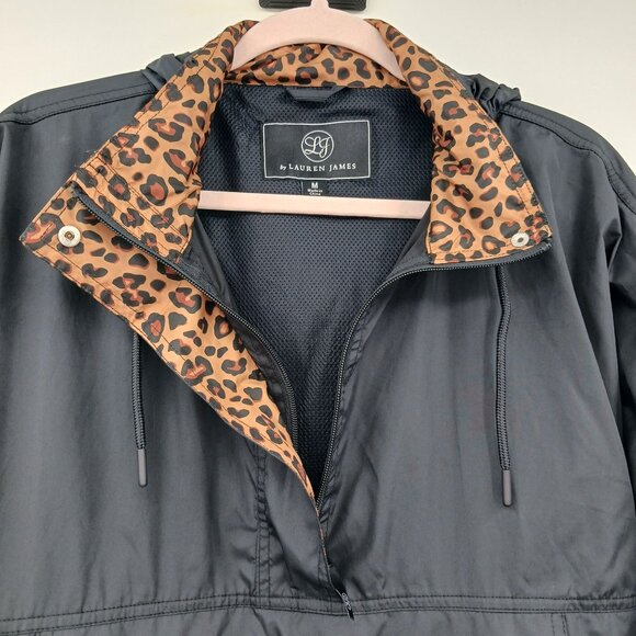 Lauren James Black Pullover Jacket Leopard Print Collar Medium Rain Jacket - Picture 5 of 12